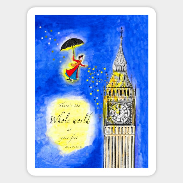 Mary Poppins Watercolour with Quote, "There's the Whole World at your Feet" Sticker by Maddybennettart